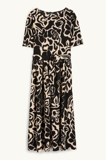 Women - Fit & flare dress with belt - floral - black / beige