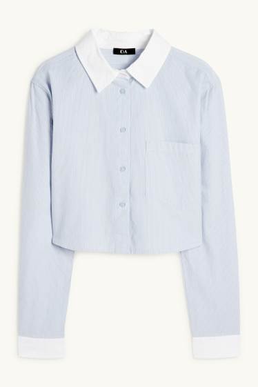 Women - Cropped poplin blouse - striped - light blue