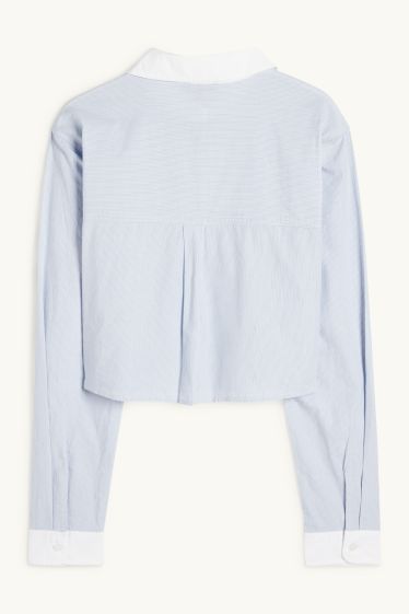 Women - Cropped poplin blouse - striped - light blue