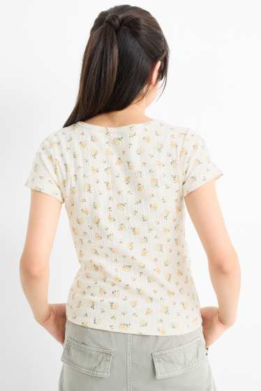 Bambine - Confezione da 2 - t-shirt - a coste - a fiori - bianco crema