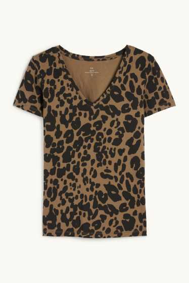 Femmes - T-shirt à col V - imprimé léopard - vert foncé / noir