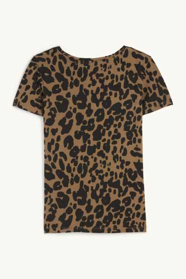 Femmes - T-shirt à col V - imprimé léopard - vert foncé / noir