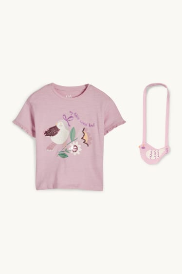 Bambine - Fiore e uccello - set - maglia a maniche corte e borsa - 2 pezzi - viola chiaro