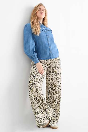 Dames - Pantalon - high waist - wide leg - luipaardprint - licht beige
