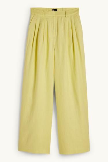 Donna - Pantaloni di lino - vita alta - gamba ampia - giallo