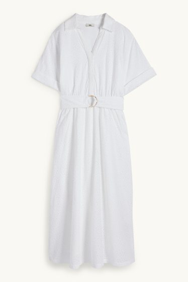 Donna - Vestito a blusa con cintura - broderie anglaise - bianco