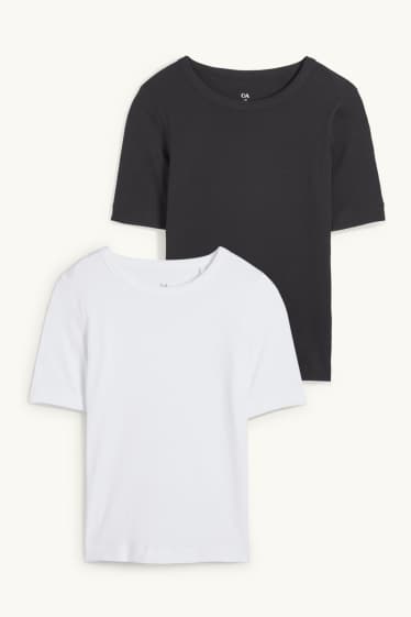 Femmes - Lot de 2 - T-shirts - côtelés - noir / blanc
