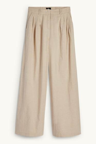 Damen - Stoffhose - High Waist - Wide Leg - Leinen-Mix - hellbeige