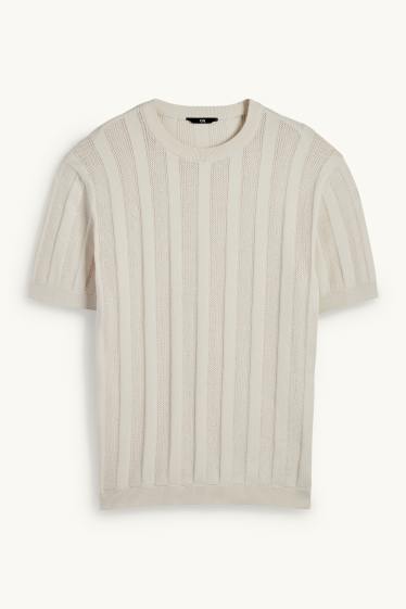 Men - Knitted jumper - short sleeve - ribbed - light beige