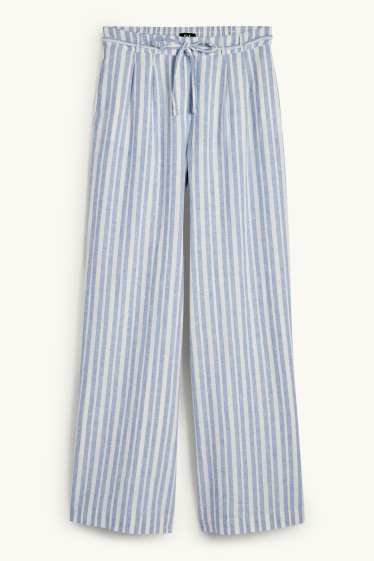 Femmes - Pantalon en toile - high waist - wide leg - lin mélangé - à rayures - bleu clair