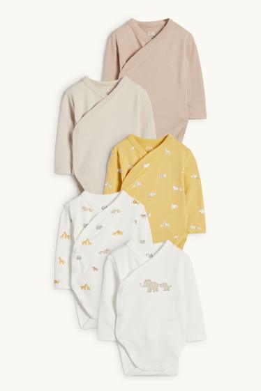 Unisex - Multipack of 5 - wild animals - wrapover baby bodysuit - beige