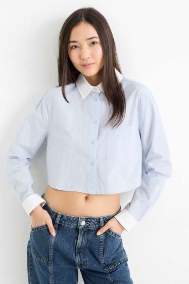 Women - Cropped poplin blouse - striped - light blue