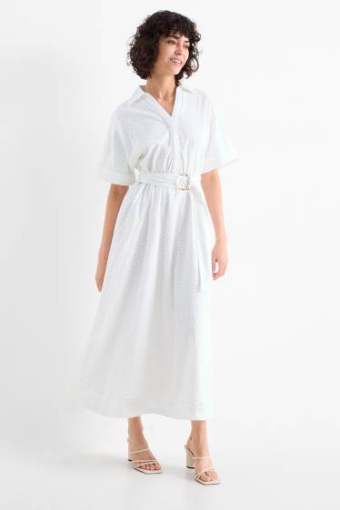 Donna - Vestito a blusa con cintura - broderie anglaise - bianco