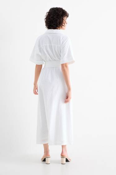 Donna - Vestito a blusa con cintura - broderie anglaise - bianco
