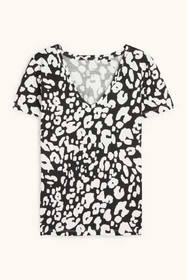 Dames - T-shirt met V-hals - luipaardprint - zwart / wit