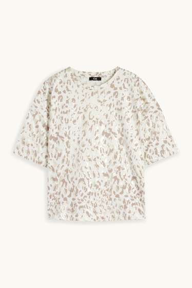 Femmes - T-Shirt - brillante - imprimé léopard - blanc / beige