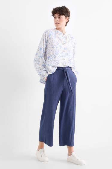 Mujer - Pantalón básico de jersey - mid waist - wide leg - con textura - azul oscuro