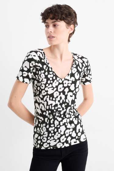 Dames - T-shirt met V-hals - luipaardprint - zwart / wit