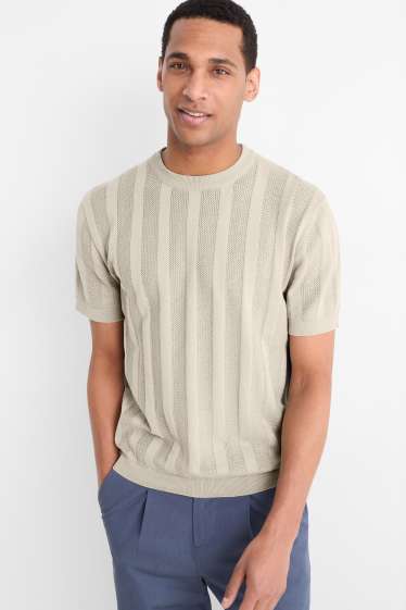 Men - Knitted jumper - short sleeve - ribbed - light beige