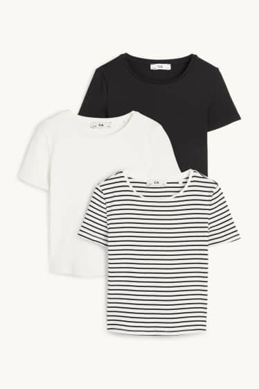 Enfants filles - Lot de 3 - T-shirts - côtelés - noir / blanc
