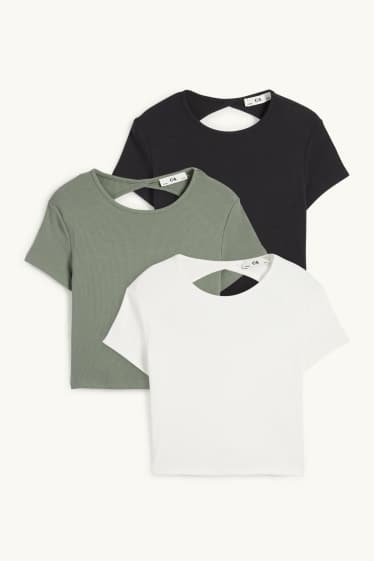 Copii - Fete - Multipack 3 buc. - tricou cu mânecă scurtă - reiat - alb