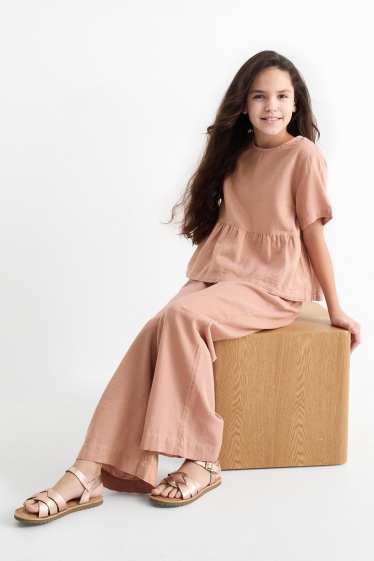 Enfants filles - Ensemble - chemisier et pantalon contenant du lin - 2 pièces - rose