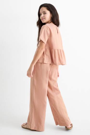 Enfants filles - Ensemble - chemisier et pantalon contenant du lin - 2 pièces - rose