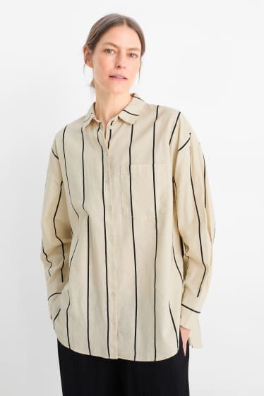 Damen - Bluse - Leinen-Mix - gestreift - hellbeige
