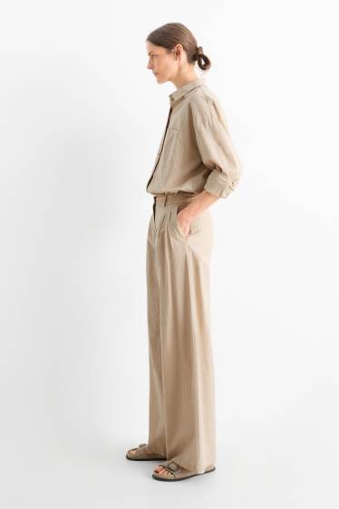 Damen - Stoffhose - High Waist - Wide Leg - Leinen-Mix - hellbeige