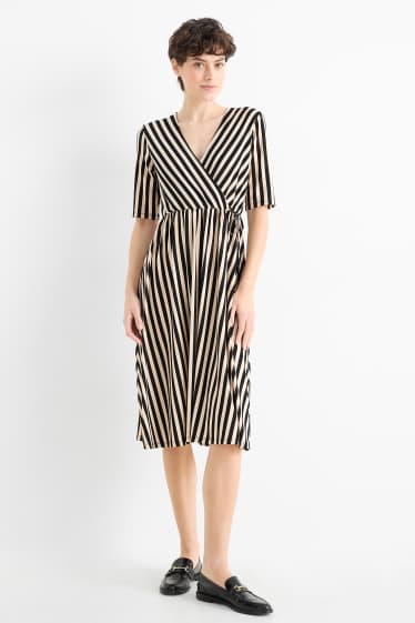 Femmes - Robe croisée - à rayures - beige