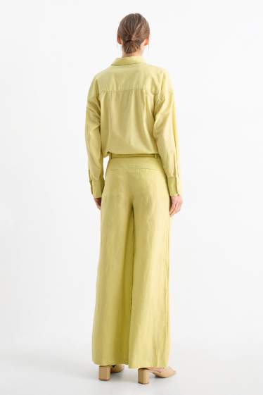 Donna - Pantaloni di lino - vita alta - gamba ampia - giallo