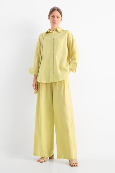 Donna - Pantaloni di lino - vita alta - gamba ampia - giallo