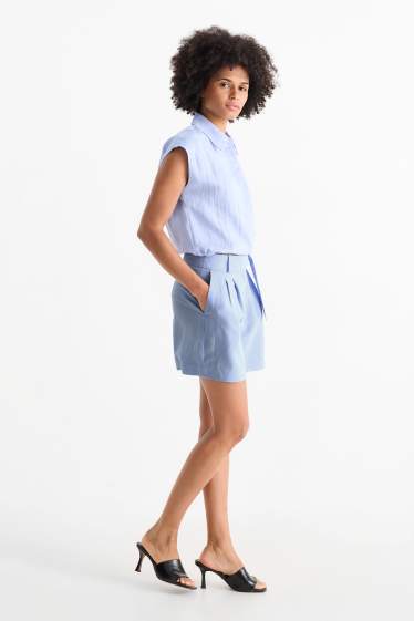 Dames - Korte broek, deels met linnen - high waist - lichtblauw