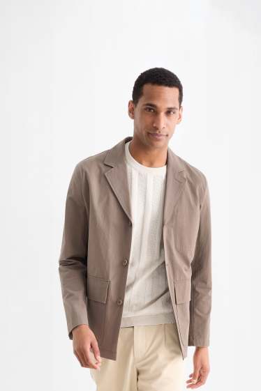 Men - Knitted jumper - short sleeve - ribbed - light beige