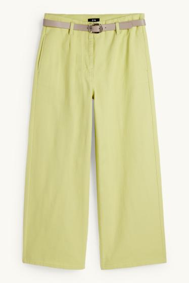 Femei - Pantaloni de stofă cu curea - wide leg - talie înaltă - verde deschis
