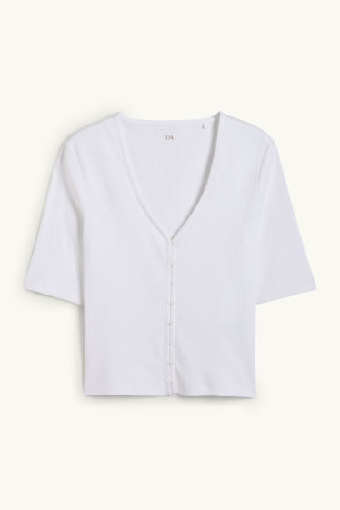 Femmes - T-shirt à encolure en V - finition côtelée - blanc