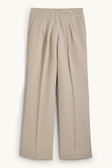Women - Business trousers with linen content - high waist - wide leg - light beige