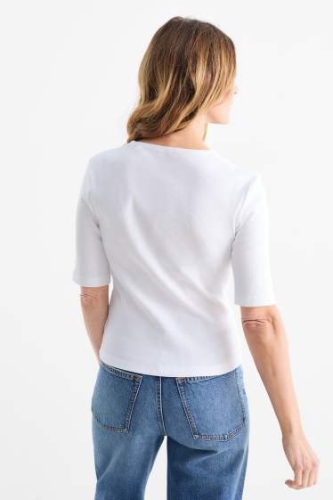 Femmes - T-shirt à encolure en V - finition côtelée - blanc