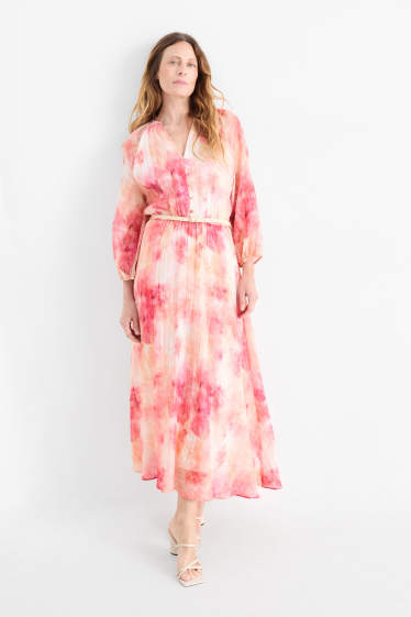 Donna - Vestito con scollo a V e cintura - fantasia - fucsia