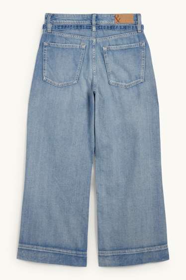 Dames - Korte wide leg jeans met riem - mid waist - jeanslichtblauw