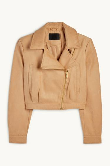 Damen - Crop Bikerjacke - Velourslederimitat - beige
