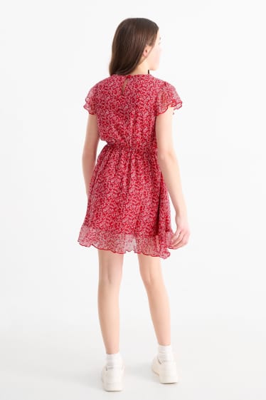 Enfants filles - Robe - à fleurs - rouge