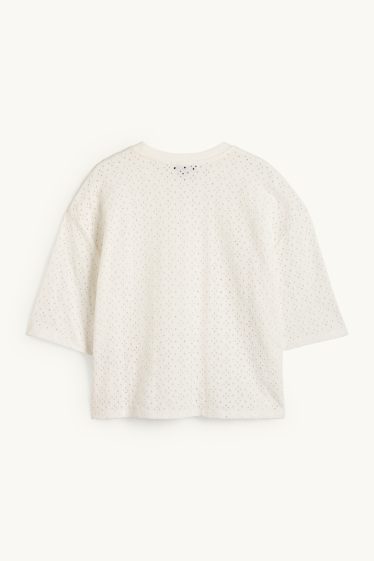 Women - T-shirt - relaxed fit - broderie anglaise - white