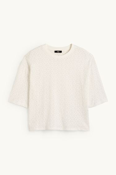 Women - T-shirt - relaxed fit - broderie anglaise - white