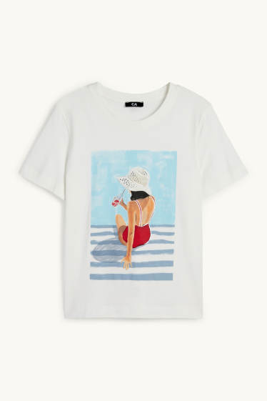 Mujer - Camiseta con pedrería - regular fit - blanco