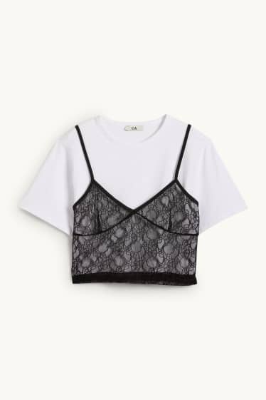 Dona - Samarreta de màniga curta crop - oversized - look 2 en 1 - blanc/negre