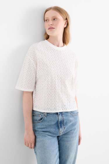Women - T-shirt - relaxed fit - broderie anglaise - white
