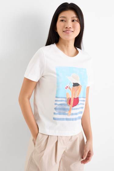 Mujer - Camiseta con pedrería - regular fit - blanco