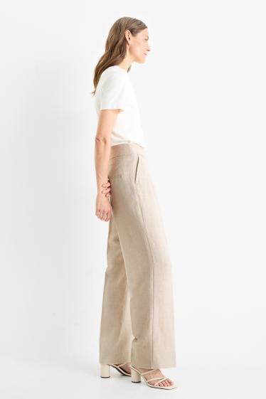 Women - Business trousers with linen content - high waist - wide leg - light beige