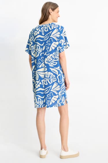 Women - Viscose V-neck dress - patterned - blue / beige